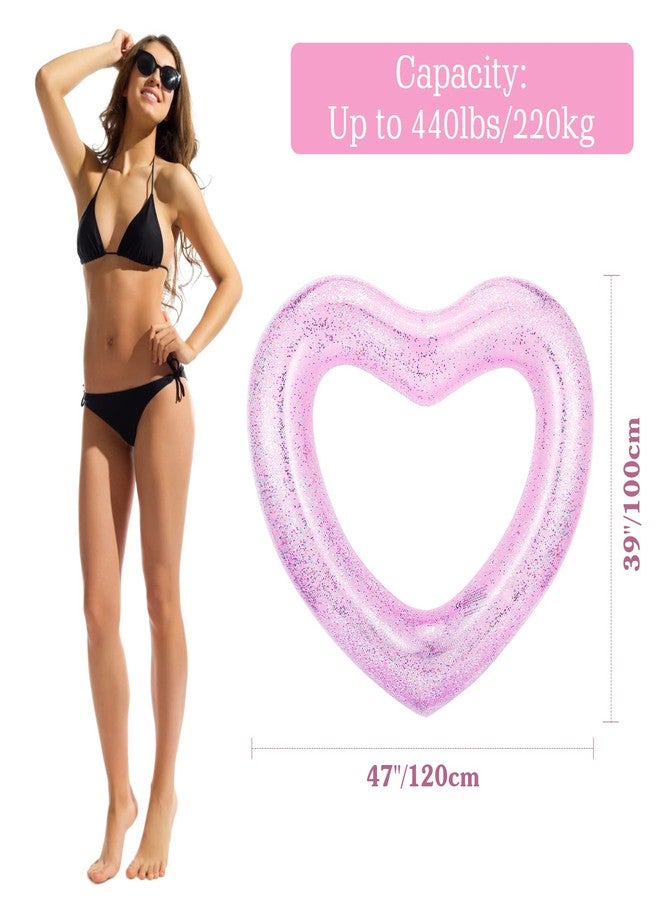 HeySplash Pool Floats, Adult Size Heart Inflatable Pool Floatie for Bachelorette Party, Swim Tube Rings, River Lake Beach Floaty, Wedding Bride Valentine Fun Toy Raft Lounge, Glitter Pink - Image 2